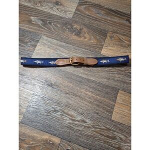 Skippers Mens Navy Blue Canvas Web Belt Leather Tabs Embroidered Fish Brass